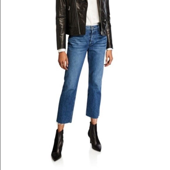 GRLFRND Tatum Always Now Cropped Distressed Straight Leg Blue Denim Jeans Sz 32 - Picture 2 of 8